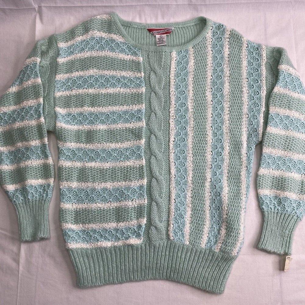 NWT Vintage 80s Anthony's contrast cable knit sweater size Large aqua mint white